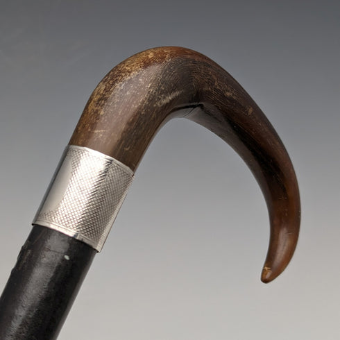 1907 British Antique Men's Cane Horn Handle Sterling Silver Decoration Black Shaft 88cm